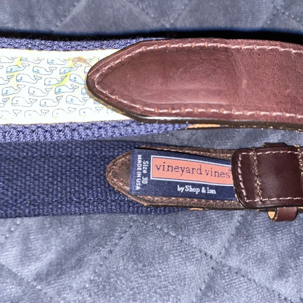 Vineyard Vines Brown Leather & Navy Woven Belt with Yellow Whale Pattern